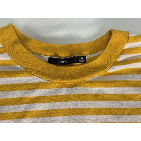 OBEY Men’s Striped Logo TEE Shirt Yellow White Short Sleeve - Picture 5 of 9